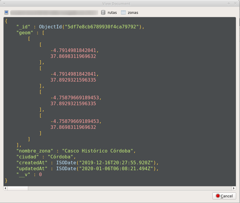 Objeto JSON con datos geográficos en MongoDB